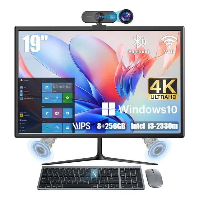 19'' Pc All In One 8gb Ram+256gb Ssd Intel I3-2330m Con Teclado español+Ratón+Cámara，Windows 10+Bluetooth 4.0+Wifi doble 2.4G /5G ,USB 2.0*6, SUZWIP All-in-one Computadora Color Negro
