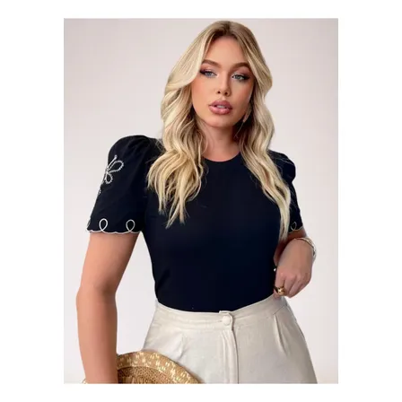 Blusa Feminina Delicada Manga Sofisticada Bordada Borboleta Preto Gg