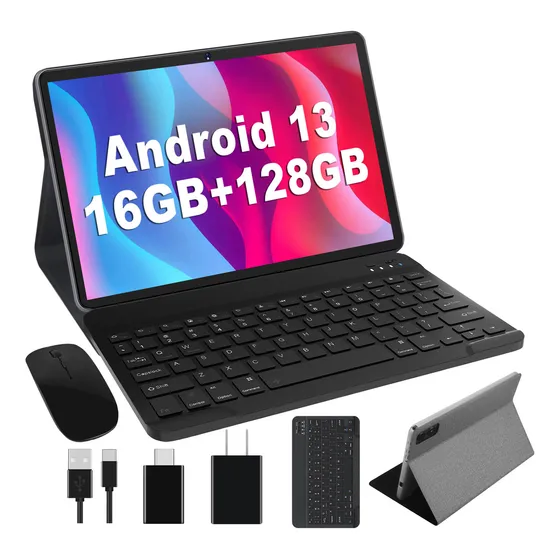 2024 Tablet 10 Pulgadas JUSYEA J6 Android 13 16GB RAM+128GB Memoria Rápida Octa-Cores Súper WiFi 65G+2.4G BT 5.0 13MP+5MP 8000mAh con Funda Teclado y Ratón Gris