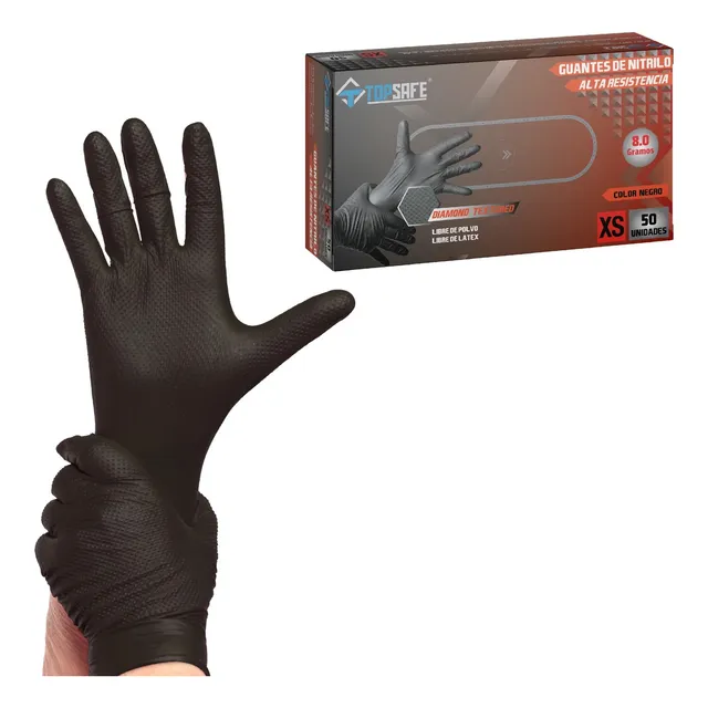 Guantes Top Safe Nitrilo Negro Ultra Resistentes 8g