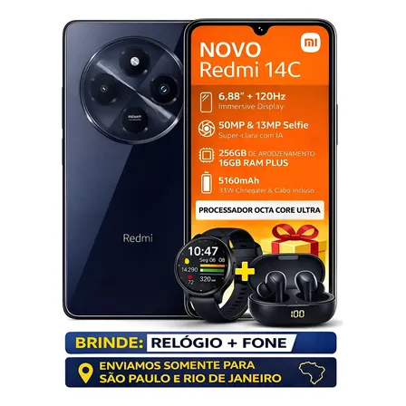 Xiaomi Redmi 14c 256gb Lancamento 2025 Relogio + Fone Preto