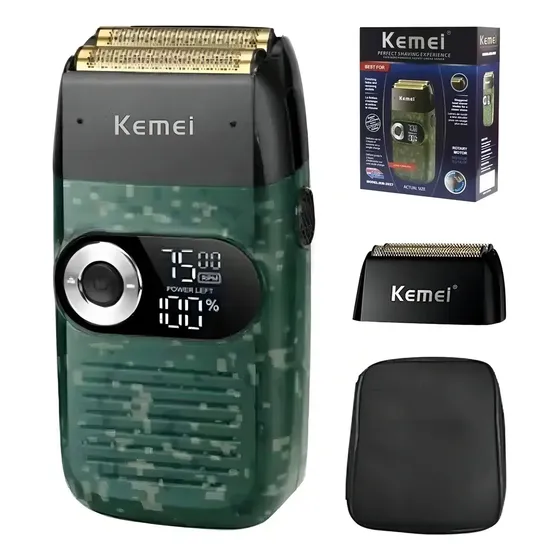 Barbeador Elétrico Kemei KM-2027 Verde Escuro Flexível USB Sem Fio 3 Cabeças