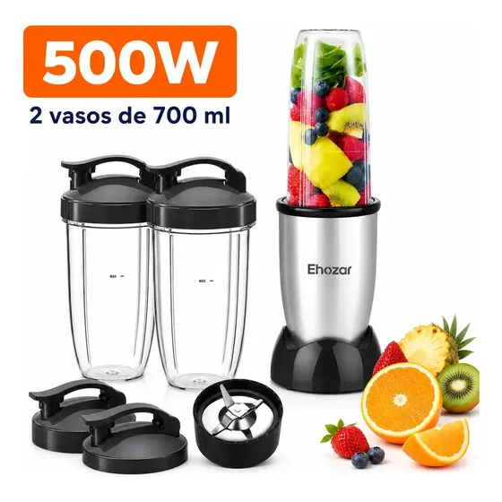Licuadora Personal Portátil 500W Con 2 Vasos De Plástico De 700ml Cuchillas Desmontables Fácil De Limpiar Color Plata