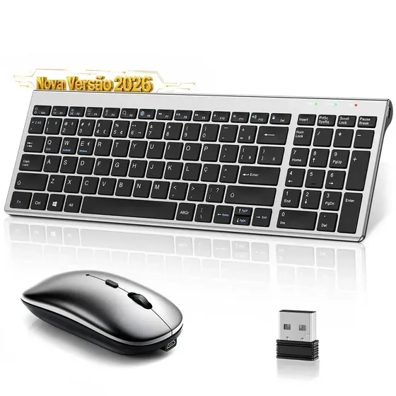 Kit Teclado e Mouse Sem Fio Hrtral, via USB e Bluetooth 2.4 GHz, Recarregável, Eclado e Mouse Design Fino e Multidispositivo, Tamanho Completo para Computador/Notebook, Windows, MacBook