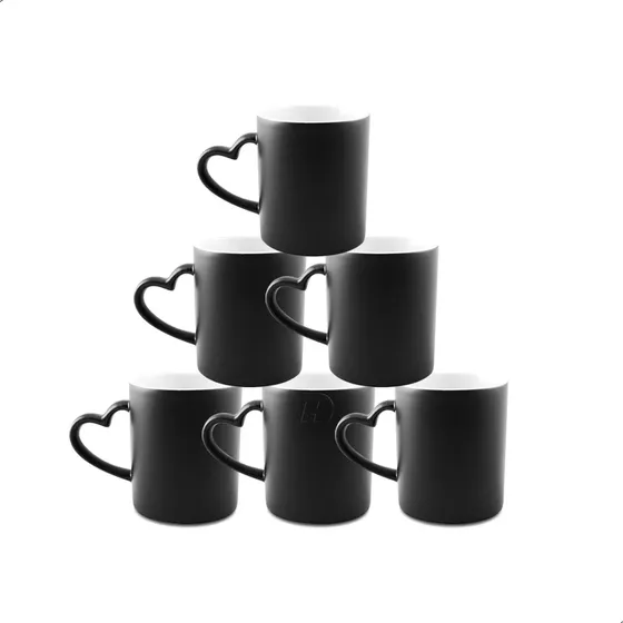 6 Caneca Sublimação Cerâmica Mágica Preta Fosca Alça Coração