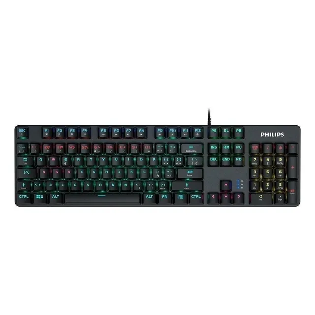Teclado gamer Philips QWERTY inglés US color negro con luz RGB