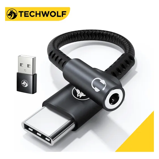 Adaptador Audio Usb C A Audifonos 3.5 Mm, Techwolf Cable De Audio Tipo C A 3,5 Mm Chip Dac Convertidor De Auriculares Auxiliar Tipo C De 3,5mm Color Negro