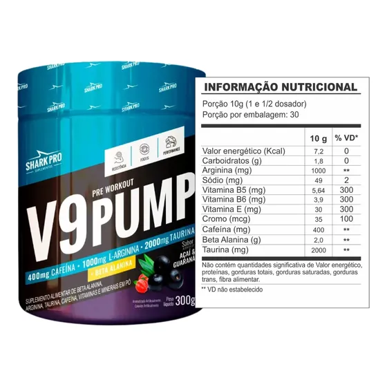V9 Pump Shark Pro 300g Pré Treino Com Beta Alanina 