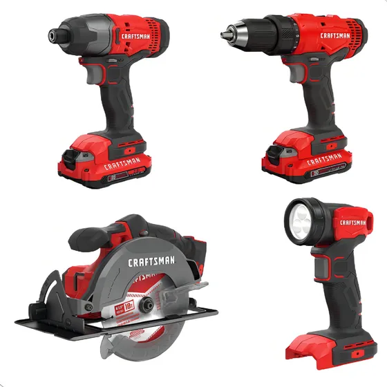 Craftman kit de herramientas 20V inalámbricas con taladro atornillador sierra circular atornillador de impacto y linterna con 2 baterias CMCK401D2