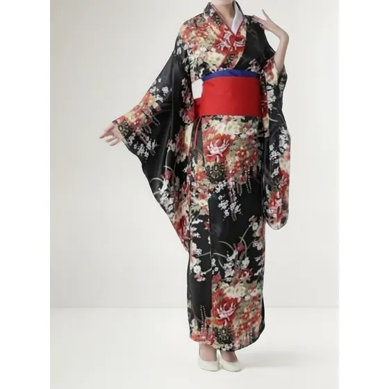 Yukata Preta Em Seda Flor Da Fortuna