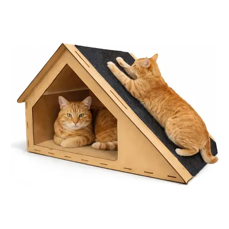 Casinha Gato Toca Arranhador Madeira MDF Carpete 30x47x36cm