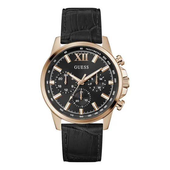 Reloj Guess Negro Walker Hombre Piel Bisel Oro Rosa
