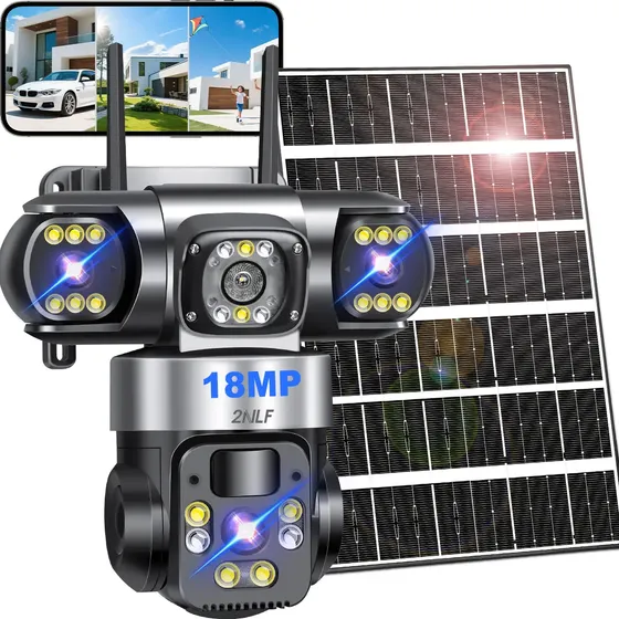 2nlf Solar Cámara De Seguridad Wifi Exterior 3 Lente Inalámbricos Resistente Conversación Bidireccional Seguimiento De Movimiento Alarma Móvil Visión Nocturna A Todo Color