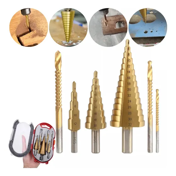 Kit 3 Broca Escalonada + 3 Broca Corte Lateral Aço Titânio