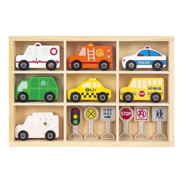 Set De Autos Y Señales De Transito De Madera  Fl597