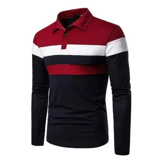 Camisa Polo Listrada Masculina Com Gola De Manga Comprida