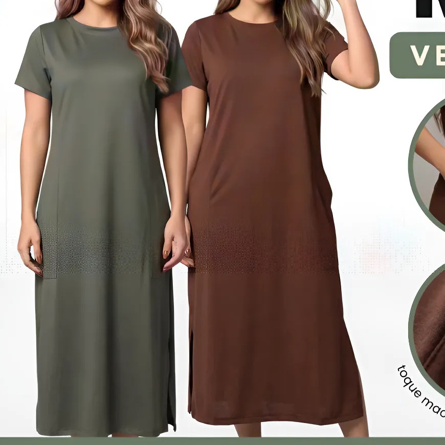Kit 2 Vestido Midi Elegante Bolso Lateral Moda Comfy Casual Kit 2 Vestido Midi Elegante Bolso Lateral Moda Comfy Casual