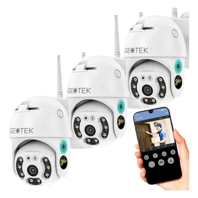 Kit 3 Camaras Seguridad Geotek 3mp Ip Wifi Exterior Full Hd Domo Vision Nocturna Inteligente Deteccion Movimiento Blanco