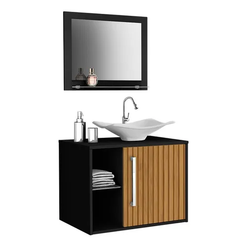 Conjunto De Gabinete Com Cuba E Espelho Baden Preto Ripado Cor da pia Branco Quantidade de furos para torneira Um furo