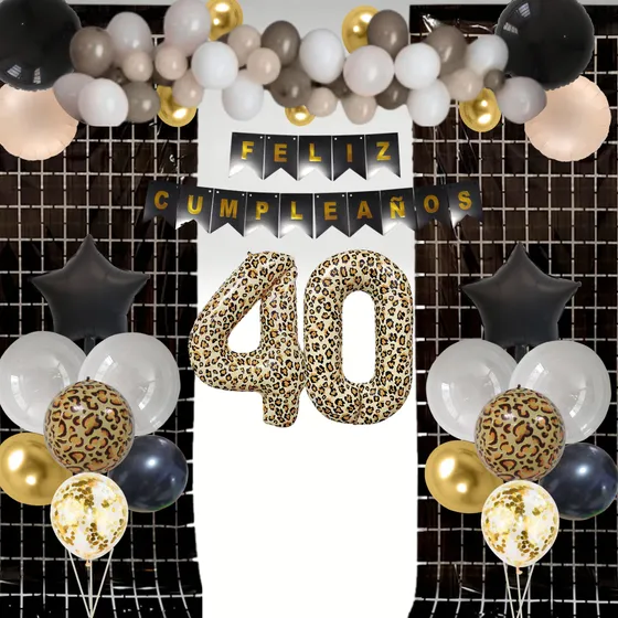 Combo Globos 40 Años Animal Print Cumple Deco Fiesta Negro Combo 40 Años Animal Print