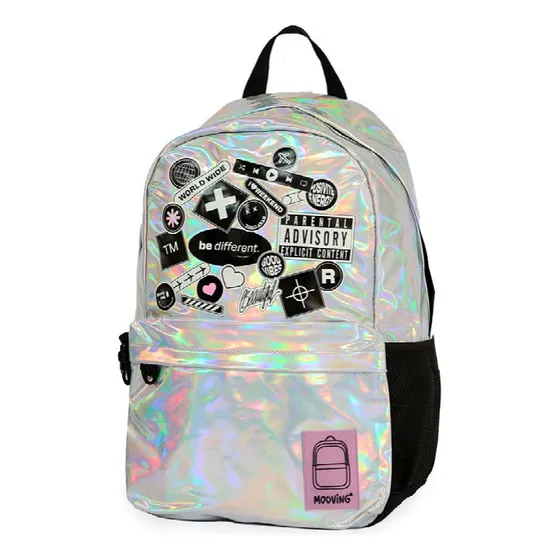 Mochila Mooving Baires Grl Pwr Portanotebook 20l Espalda Color Plateado Tornasolado Diseño De La Tela Holografica Girl Power