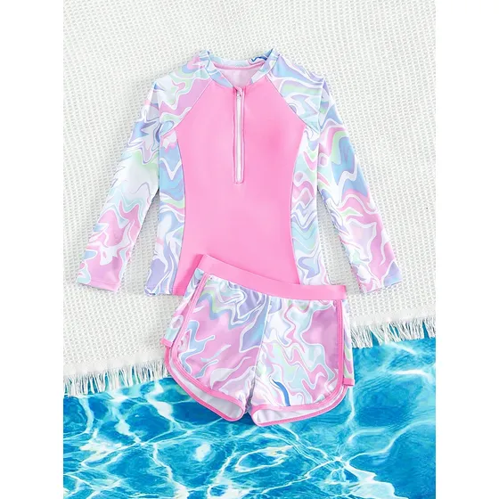 Traje De Baño De Niña Dos Piezas  Camisa Y Short