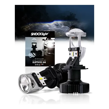 Par Ultra Led H4 Projetor Elíptico Shocklight Canbus 5.200lm H4 Alta E Baixa 3 Pinos 6.500k Branco-frio