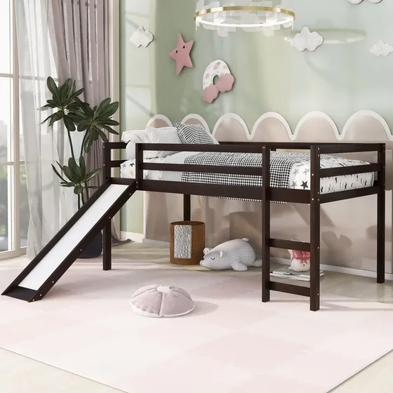 Cama Alta Tobogan Base Baja Madera Para Niño Diseño Tamaño