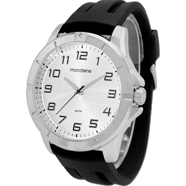 Relógio De Pulso Mondaine Com Corria De Silicone Cor Preto - Fondo Branco - Bisel Prateado Relógio De Pulso Mondaine Com Corria De Silicone Cor Preto - Fondo Branco - Bisel Prateado