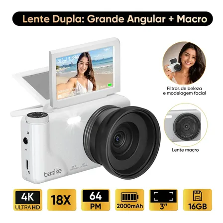 Câmera Digital Basike 4K 64MP, com Lente Macro e Grande Angular, Zoom 18X e Tela Giratória de 3"