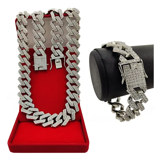 Corrente Masculina Ice Colar 60cm + Pulseira Cravejada Top