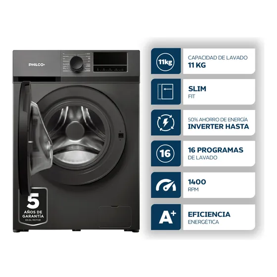 Lavarropas Inverter Philco Carga Frontal 11 Kg 1400 Rpm Gris