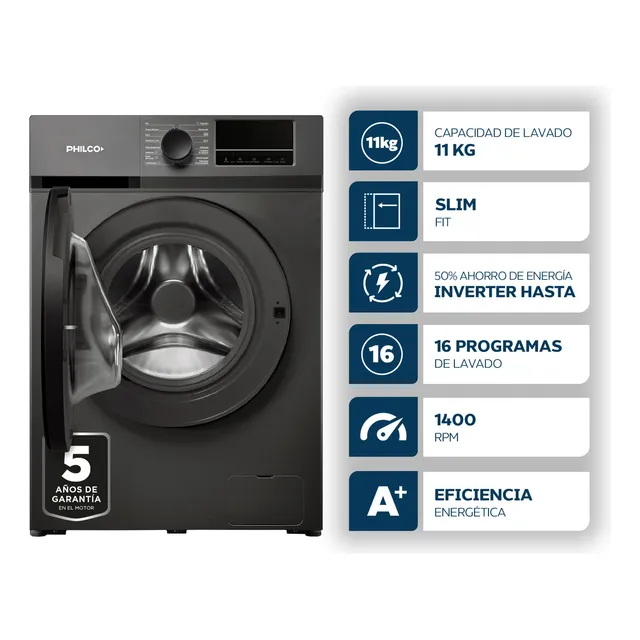 Lavarropas Inverter Philco Carga Frontal 11 Kg 1400 Rpm Gris