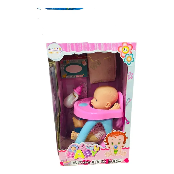 Muñeca Bebe Con Silla Para Comer + Tetero + Pañal