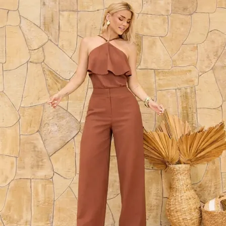 Conjunto Feminino Blusa Babado Calça Pantalona Crepe Social Marrom Liso M (38/40/42)