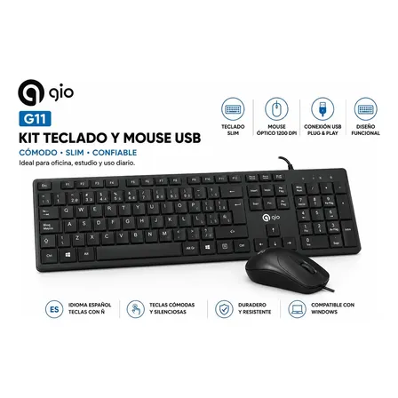 Kit Teclado Y Mouse Usb Gio G11 Laptop Pc Slim Waterproof Negro