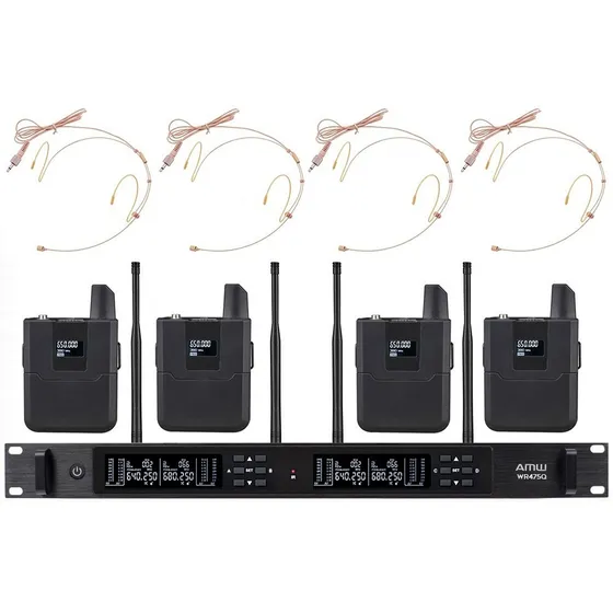Amw Bu6000 Microfone Sem Fio 4 Canais Digital Auricular Bege Uhf Multibanda Diversity + Estojo Profissional