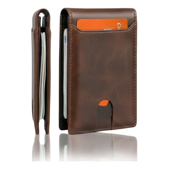 Carteira Masculina Mágica Pequena Slim Antifurto Rfid Luxo Cor Marrom Desenho Do Tecido Couro