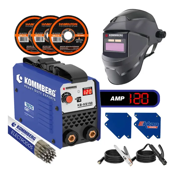 Soldadora Inverter Kommberg Classic KB-XS 150 2 Escuadras Magnéticas Electrodos Azul 220V 50 Hz Discos de corte