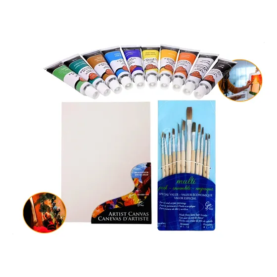 Pintura Acrilica (crema) + Juego De Pinceles X12 + Lienzo X2