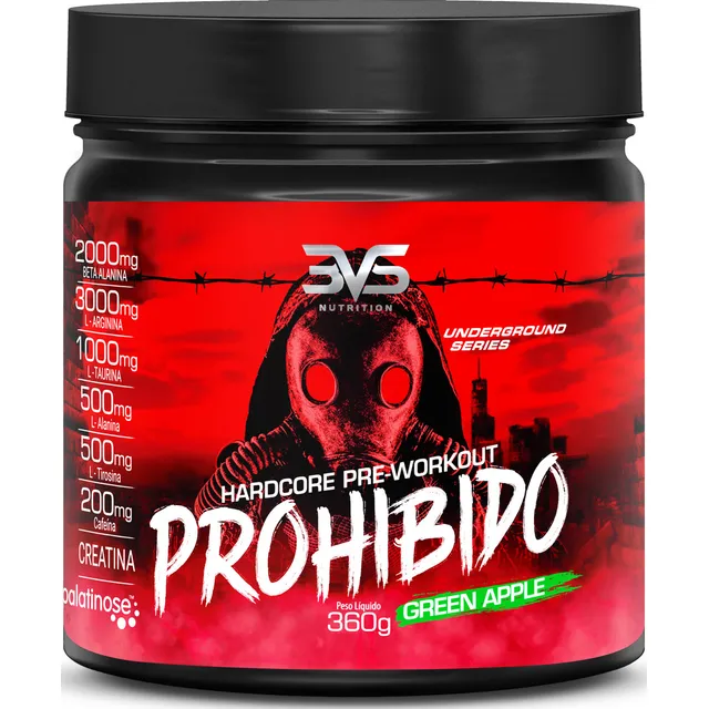 PRÉ TREINO PROHIBIDO 360g - Sabor: Green Apple - Fórmula Exclusiva com 8 ingredientes contendo Creatina, Beta Alanina, Taurina, Cafeína, Arginina, L-Tirosina, Palatinose e L-Alanina