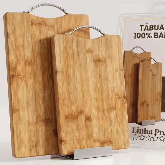 Kit de 2 Tábuas de Corte Retangular em Bambu Natural Com Alça Inox Para Carne e Legumes