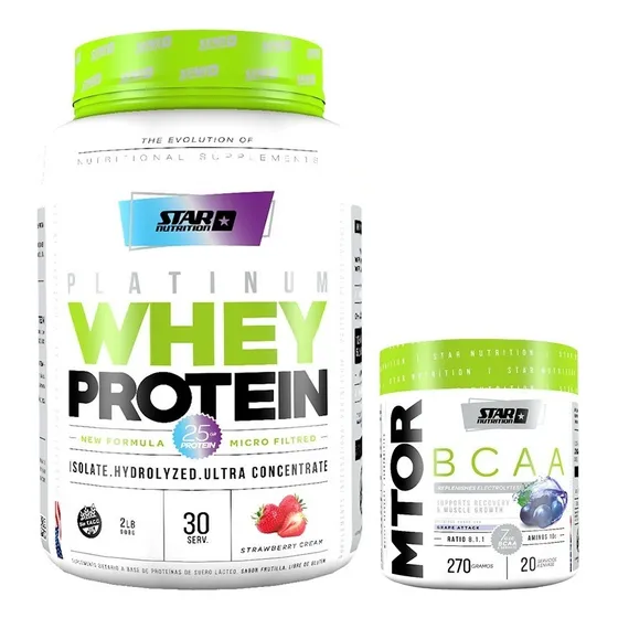 Proteina Whey Star Nutrition 2 Lb + Mtor 270 Gr Sabor Strawberry Cream + Grape Attack