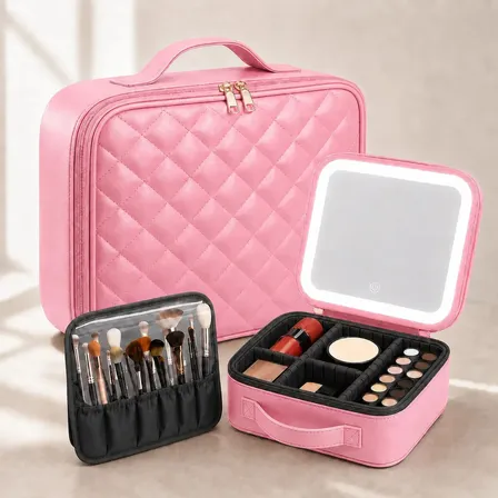 Maleta Bolsa De Maquiagem Espelho Led Portátil Profissional Rosa