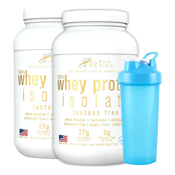 X2ud. Whey Protein 100% Isolate Alpha Medica 1kg + Shaker