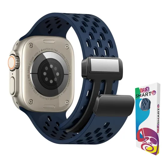 Pulseira De Silicone Esportiva Furos Com Fecho Magnetico Marca 123smart 123-mag-22 Compativel Com Apple Watch Ultra 1 2 E 3 Iwatch Serie 10 9 8 7 6 5 4 3 2 1 Se 44mm 45mm 46mm 49mm - Azul Marinho