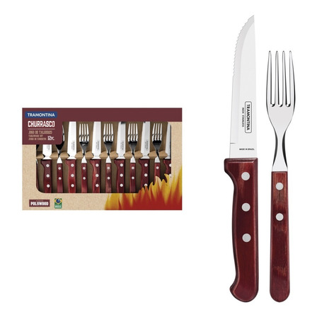 Kit Jogo De Churrasco Tramontina Inox 12un Cabo De Madeira Kit Jogo De Churrasco Tramontina Inox 12un Cabo De Madeira