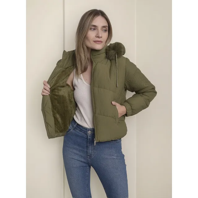 Jaqueta Puffer Feminino Forrado Peluciado Capuz Removível