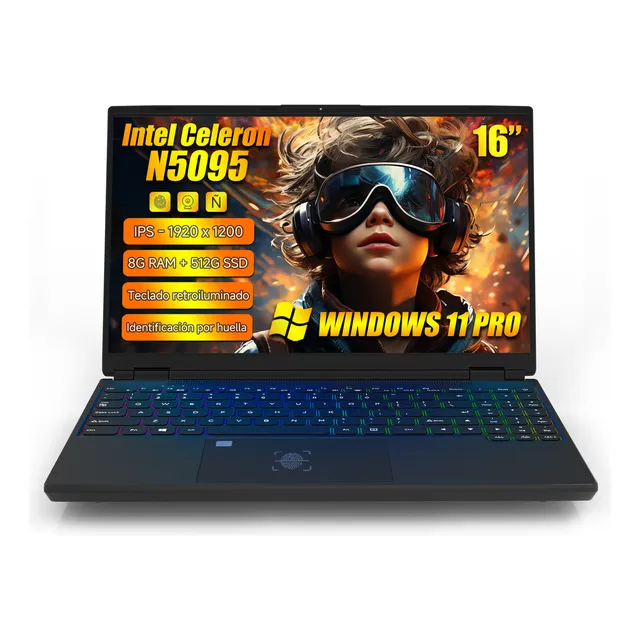 Bigview Laptop Portátil Económica 16" FHD IPS 100% sRGB, Mini laptops Intel Celeron N5095 8GB + 512GB SSD, Windows 11 Pro,Teclado Retroiluminado + Huella Digital, Ultra Ligera 1.9kg, 5000mAh