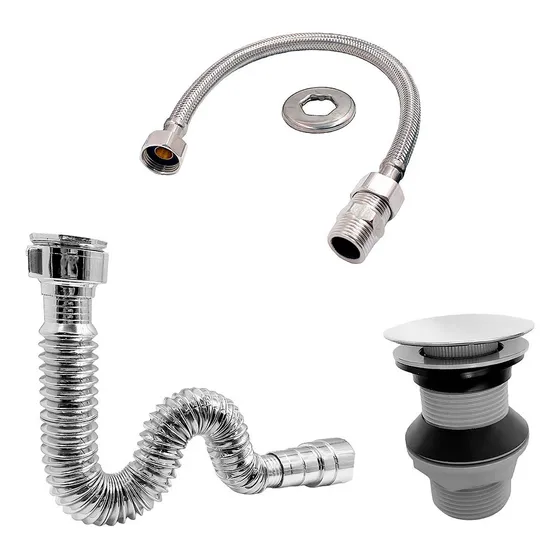 Sifão Cromado Engate Flexível 60cm Válvula Click Ralo Kit